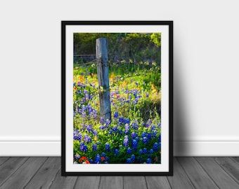 Framed and Matted Print - Vertical Picture of Fence Post Surrounded by Bluebonnets on Spring Day in Texas Country Wall Art Farmhouse Decor