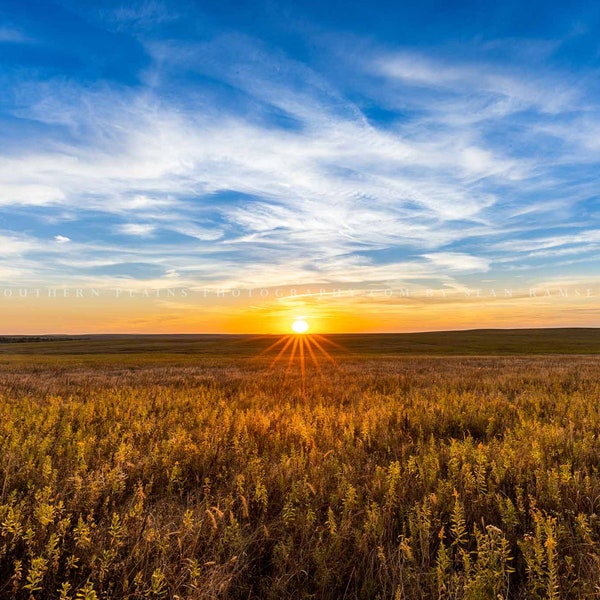 Great Plains Photography Print - Picture of Peaceful Sunset Over Tallgrass Prairie in Oklahoma Landscape Wall Art Western Decor