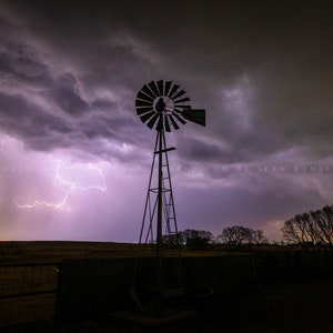 Storm Photography Print - Picture of Lightning and Old Windmill on Stormy Night in Oklahoma Thunderstorm Wall Art Farmhouse Decor