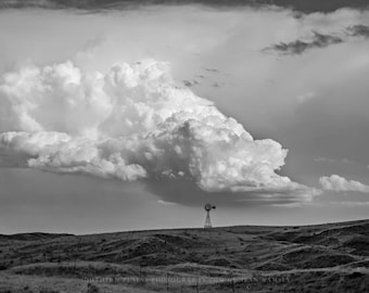Nebraska Wall Art Photography Print - Black and White Print of Windmill on Hill as Storm Forms in Western Nebraska Old West Decor Rustic Art