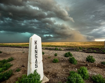 Great Plains Photography Print - Picture of Thunderstorm Advancing Past Railroad Post at Kansas State Line Storm Wall Art Western Decor