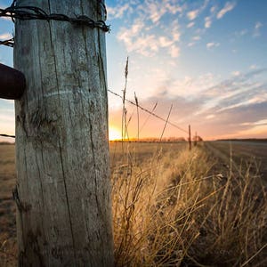 Country Photography Wall Art Print - Picture of Barbed Wire Fence Post and Winter Sunset in Oklahoma Western Farm Decor 4x6 to 40x60