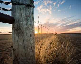 Country Photography Wall Art Print - Picture of Barbed Wire Fence Post and Winter Sunset in Oklahoma Western Farm Decor 4x6 to 40x60