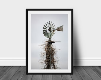 Framed and Matted Country Print - Vertical Picture of Windmill Covered in Vines on Abandoned Farm in Oklahoma Rural Wall Art Farmhouse Decor