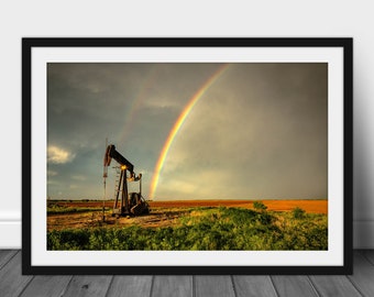 Framed and Matted Photography Print - Picture of Rainbow Ending at Pump Jack in Texas Oilfield Wall Art Oil and Gas Decor