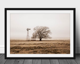 Framed Country Print - Picture of Old Windmill and Tree Covered in Frost on Winter Day in New Mexico Sepia Wall Art Farmhouse Decor