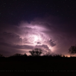 Thunderstorm Photography Print - Picture of Lightning Illuminating Storm Cloud at Night in Oklahoma Weather Wall Art Nature Decor