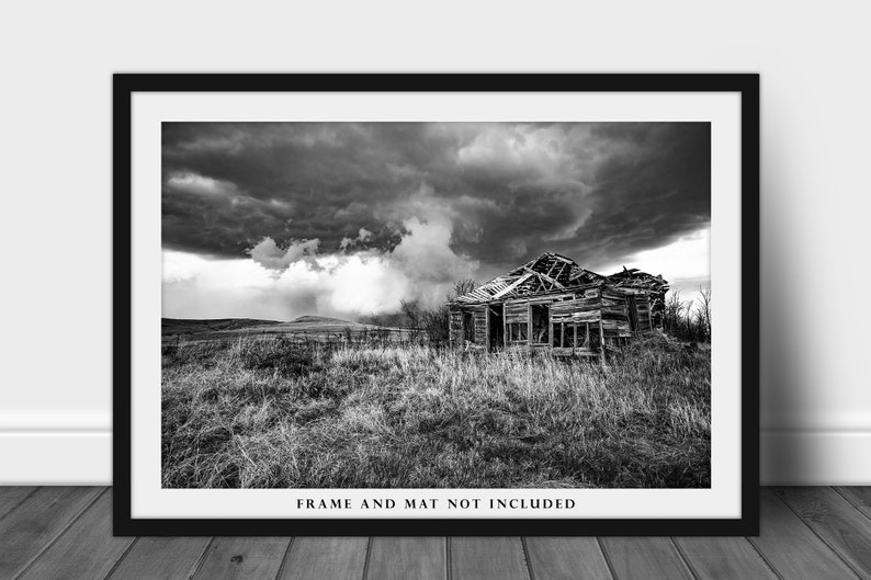 Black and White Photography Art Print Picture of Old Abandoned House and Passing Storm On Kansas Prairie Vintage Style Rustic Decor image 3