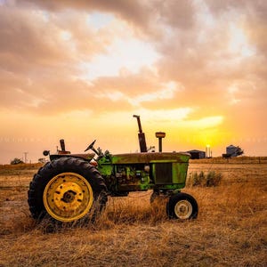 Classic Tractor at Sunset in Texas • Print | Canvas | Metal | Framed • Country, Agriculture, Farmhouse, Photography, Picture, Wall Art