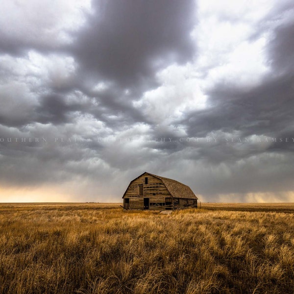 Country Photography Print - Picture of Old Barn Under Stormy Sky on Spring Day in Oklahoma Great Plains Wall Art Farmhouse Decor