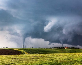 Storm Photography Print - Picture of Two Tornadoes Touching Down at Same Time on Stormy Spring Day in Kansas Tornado Wall Art Weather Decor