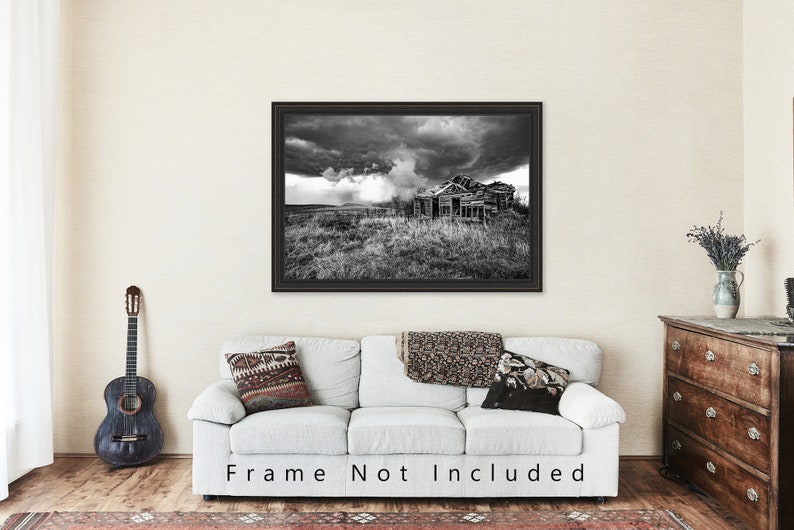 Black and White Photography Art Print Picture of Old Abandoned House and Passing Storm On Kansas Prairie Vintage Style Rustic Decor image 5