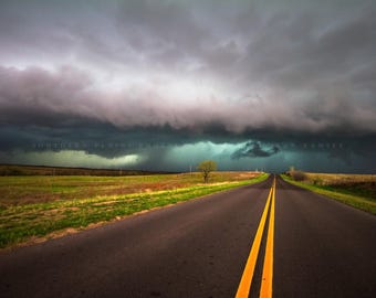 Storm Photography Print: Oklahoma Thunderstorm Highway Weather Chasing Road Sky Landscape Canvas Metal Framed Picture Photo Wall Art Decor