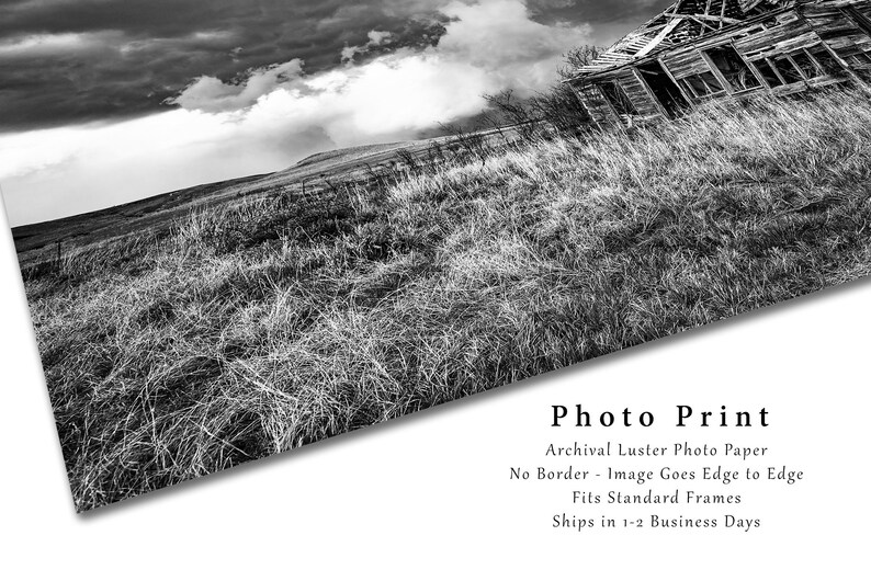 Black and White Photography Art Print Picture of Old Abandoned House and Passing Storm On Kansas Prairie Vintage Style Rustic Decor image 2