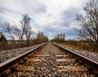 Railroad Photography Print - Picture of Train Tracks on Stormy Spring Day in Oklahoma Locomotive Wall Art Adventure Decor