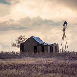May include: A weathered, abandoned building with a partially collapsed roof and missing walls stands in a field of dry grass. A tall windmill is next to the building. The sky is filled with dramatic clouds, creating a rustic, desolate scene.