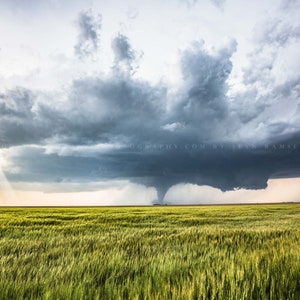 Storm Photography Print - Picture of Distant Tornado Over Wheat Field on Stormy Spring Day in Kansas Thunderstorm Wall Art Weather Decor