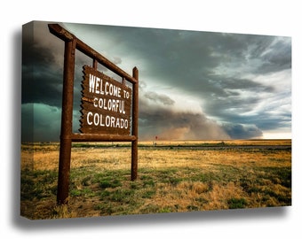 Storm Canvas Wall Art - Gallery Wrap of Thunderstorm at Colorful Colorado State Line Sign Great Plains Photography Western Decor