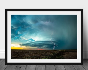 Framed and Matted Photography Print - Picture of Supercell Thunderstorm With Lightning Bolt in Kansas Storm Wall Art Weather Decor