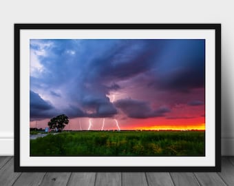 Framed Storm Print with Optional Mat - Picture of Multiple Lightning Strikes at Sunset in Oklahoma Thunderstorm Wall Art Nature Decor