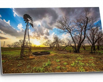 Country Wall Art (Ready to Hang) Metal Print of Old Windmill and Charred Trees at Sunset in Kansas Great Plains Photography Farmhouse Decor