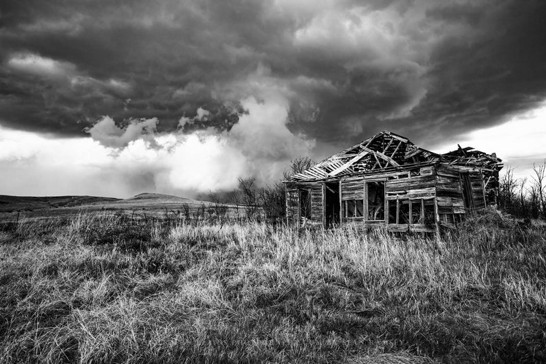Black and White Photography Art Print Picture of Old Abandoned House and Passing Storm On Kansas Prairie Vintage Style Rustic Decor image 1