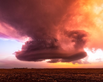 Storm Photography Print - Picture of Supercell Thunderstorm with Red Hue at Sunset in Kansas Weather Wall Art Nature Decor