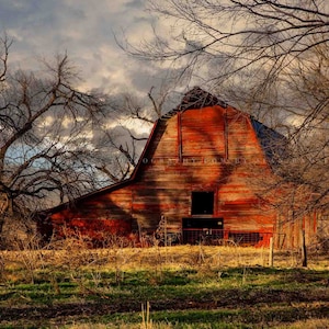 Country Photography Print Picture of Rustic Red Barn on Autumn Day in Oklahoma Farm Landscape Wall Art Farmhouse Decor image 1