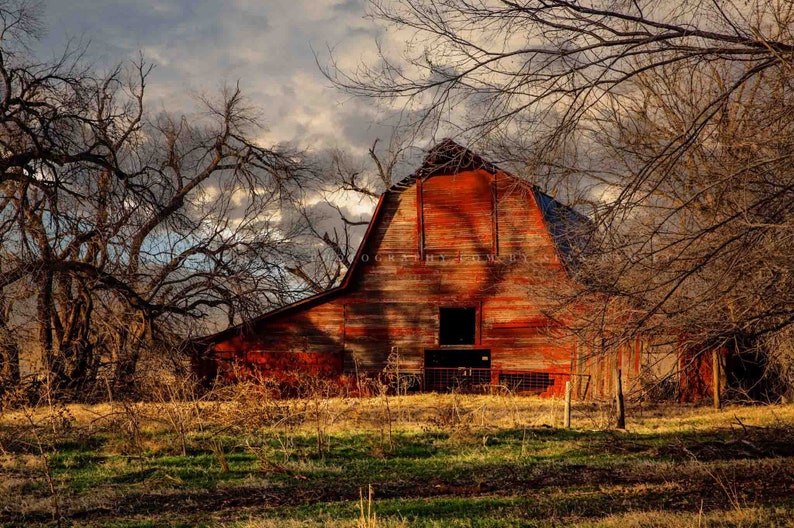 Country Photography Print Picture of Rustic Red Barn on Autumn Day in Oklahoma Farm Landscape Wall Art Farmhouse Decor image 1