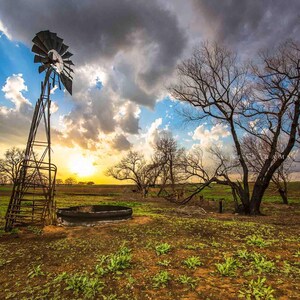 Windmill Photography Print: Kansas Sunset Trees Prairie Landscape Farm Country Rural KS Canvas Metal Framed Picture Photo Wall Art Decor