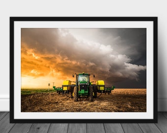 Framed and Matted Farm Print - Picture of Tractor and Storm in Kansas Thunderstorm Photography Country Wall Art Agriculture Decor