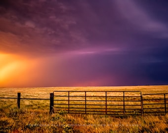 Great Plains Photography Print - Picture of Colorful Stormy Sky Over Fence Gate on Summer Day in Oklahoma Western Wall Art Country Decor