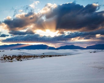 White Sands Photography Print: New Mexico Desert Southwest Landscape Sunbeams Mountains Canvas Metal Framed Picture Photo Wall Art Decor