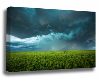 Thunderstorm Canvas Wall Art - Gallery Wrap of Teal Colored Storm Clouds Over Lush Green Wheat Field in Kansas Weather Wall Art Nature Decor