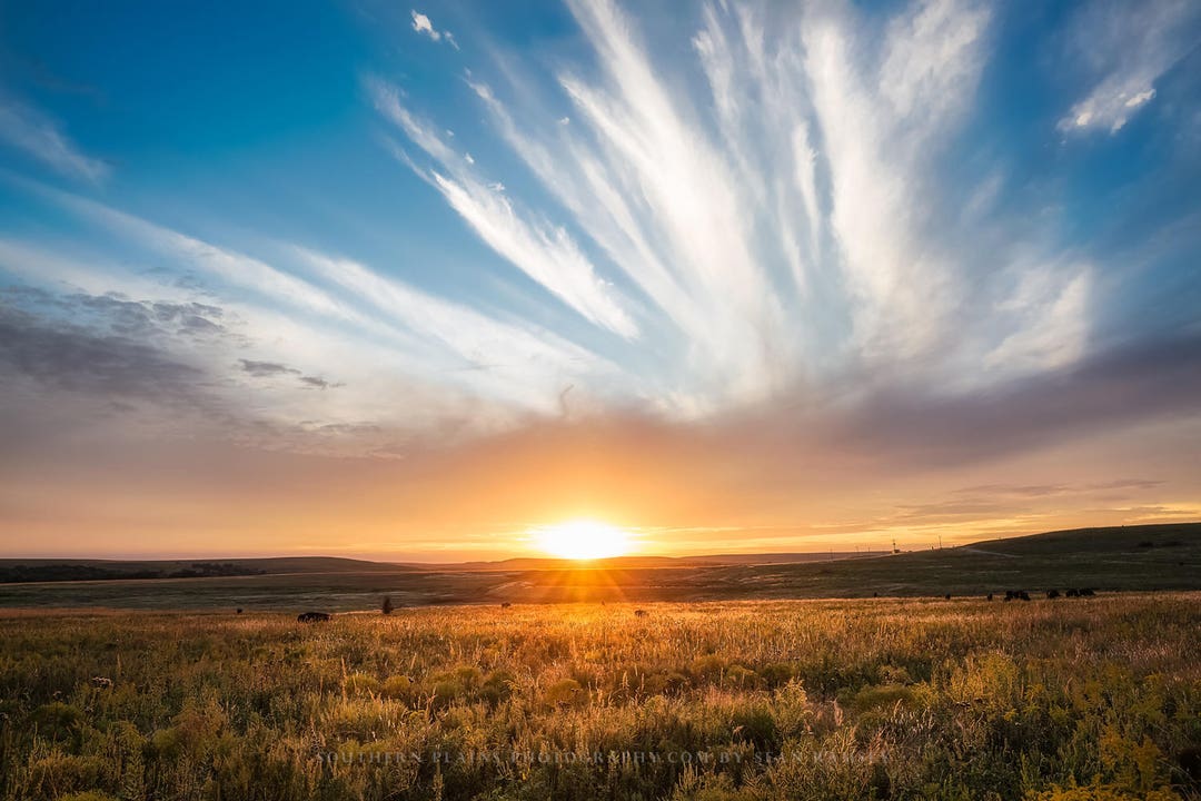 Sunset Photography Print Fine Art Picture of Incredible Sunset Over Tallgrass Prairie in