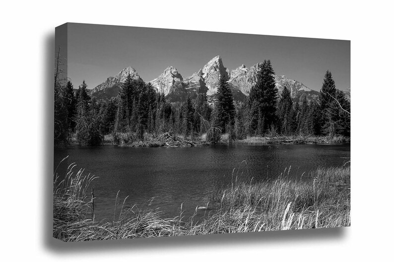 May include: A black and white photograph of a mountain range reflected in a still lake. The mountains are covered in snow and the lake is surrounded by trees.