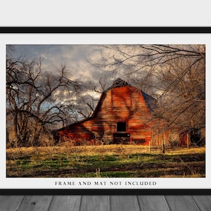 Country Photography Print Picture of Rustic Red Barn on Autumn Day in Oklahoma Farm Landscape Wall Art Farmhouse Decor image 3