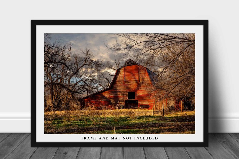 Country Photography Print Picture of Rustic Red Barn on Autumn Day in Oklahoma Farm Landscape Wall Art Farmhouse Decor image 3