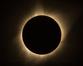 Eclipse Wall Art Photography Print - Picture of Total Solar Eclipse with Visible Sun Flares in Black and Gold Sky Photo Artwork Decor