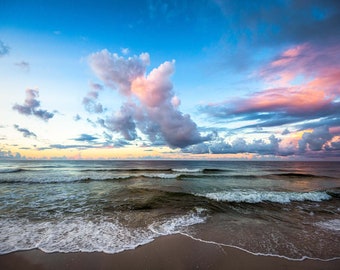 Coastal Photography Print - Picture of Clouds Over Beach as Waves Roll in at Orange Beach Alabama Gulf Coast Wall Art Seascape Ocean Decor