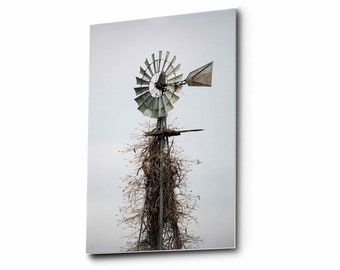 Country Wall Art (Ready to Hang) Vertical Metal Print of Windmill Covered in Vines in Oklahoma Farm Photography Farmhouse Decor