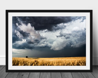 Framed Great Plains Wall Art - Picture of Storm Clouds Gathering Over Golden Wheat Field in Kansas Thunderstorm Photography Farmhouse Decor