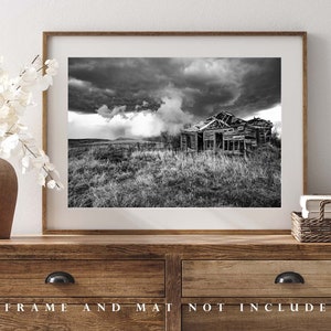 Black and White Photography Art Print Picture of Old Abandoned House and Passing Storm On Kansas Prairie Vintage Style Rustic Decor image 4