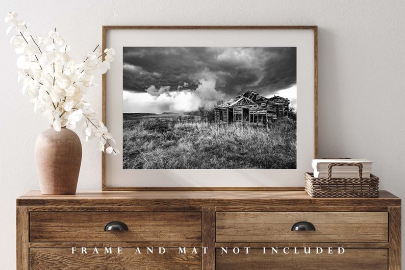 Black and White Photography Art Print Picture of Old Abandoned House and Passing Storm On Kansas Prairie Vintage Style Rustic Decor image 4