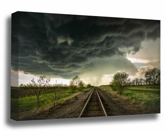 Storm Canvas Wall Art (Ready to Hang) Canvas of Thunderstorm Over Railroad Tracks in Kansas Moody Photography Train Decor