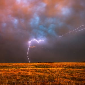 Lightning Storm Picture - Fine Art Nature Photography Print of Lightning Strike on Stormy Evening in Oklahoma Weather Wall Art Photo Decor