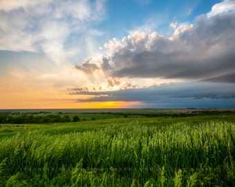 Landscape Photography Print - Picture of Scenic Sunset Over Prairie on Spring Evening in Kansas - Great Plains Wall Art Photo Artwork Decor