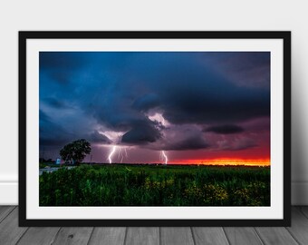 Framed and Matted Photography Print - Picture of Lightning Bolts and Firefly at Sunset in Oklahoma Storm Wall Art Nature Decor