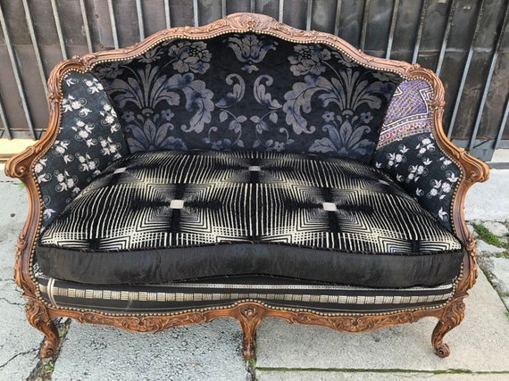 Recycled Reupholstered Victorian Couch In Shades Of Blacks Etsy