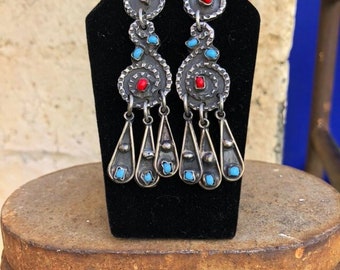 Vintage Sterling Silver and Glass Mexican Dangly Earrings